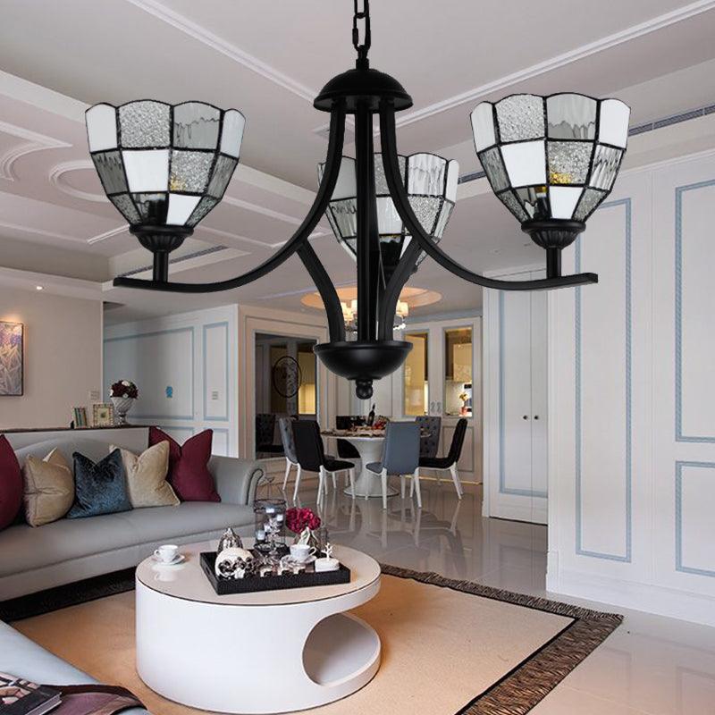 3 Lights Bowl Ceiling Hanging Light White Glass Tradition Chandelier Lamp in Black Finish - Rebooters