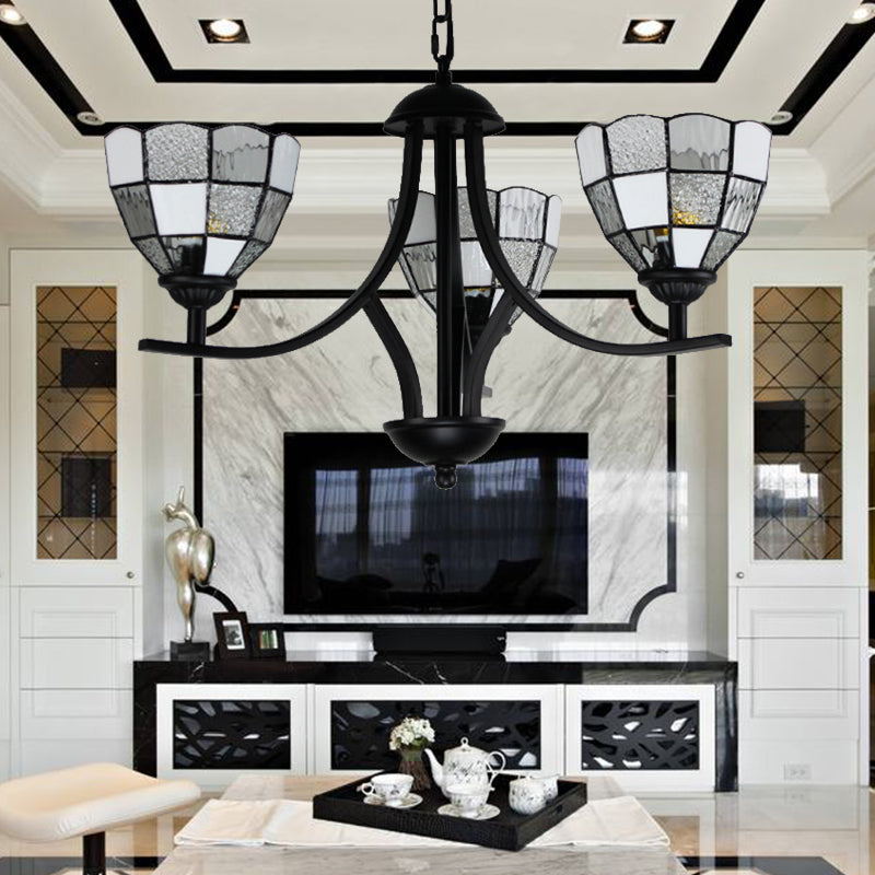 3 Lights Bowl Ceiling Hanging Light White Glass Tradition Chandelier Lamp in Black Finish - Rebooters