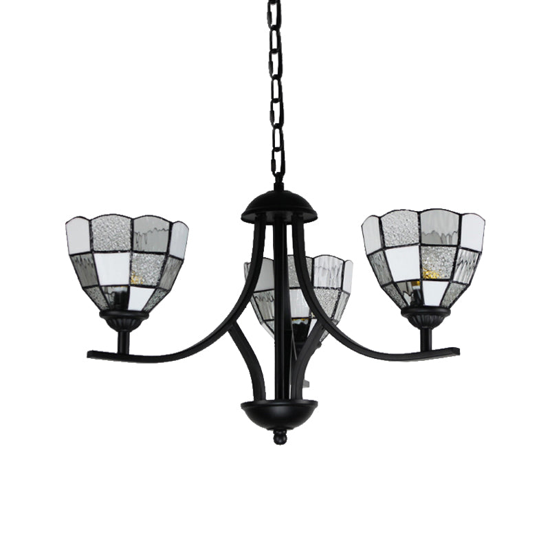 3 Lights Bowl Ceiling Hanging Light White Glass Tradition Chandelier Lamp in Black Finish - Rebooters