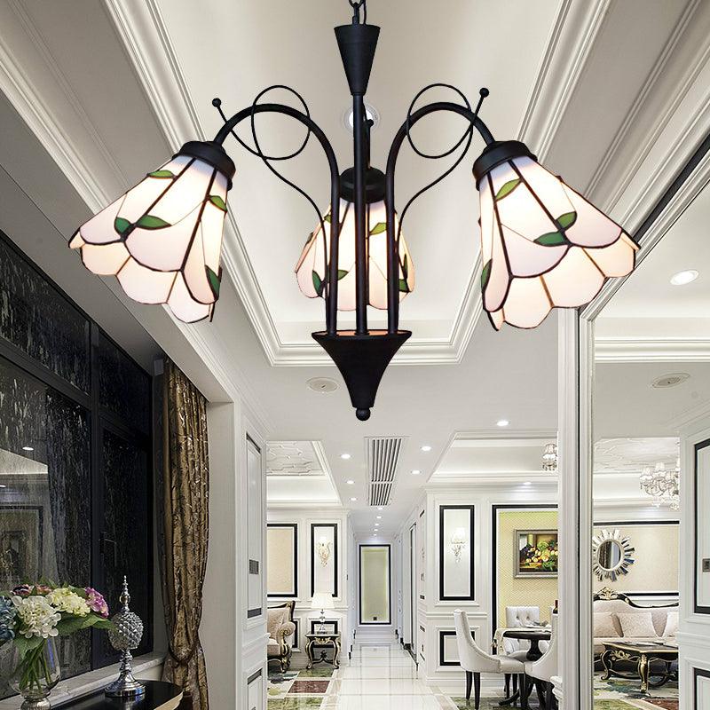 Beige Glass Cone Hanging Light with Leaf Traditional Chandelier - Rebooters