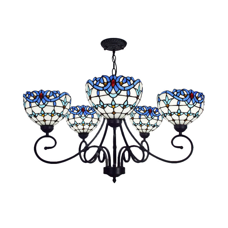 Victorian Bowl Pendant Light 5 Lights Stained Glass Indoor Chandelier in Blue - Rebooters