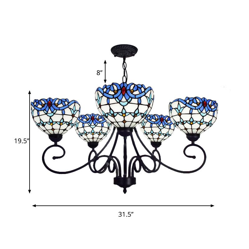 Victorian Bowl Pendant Light 5 Lights Stained Glass Indoor Chandelier in Blue - Rebooters