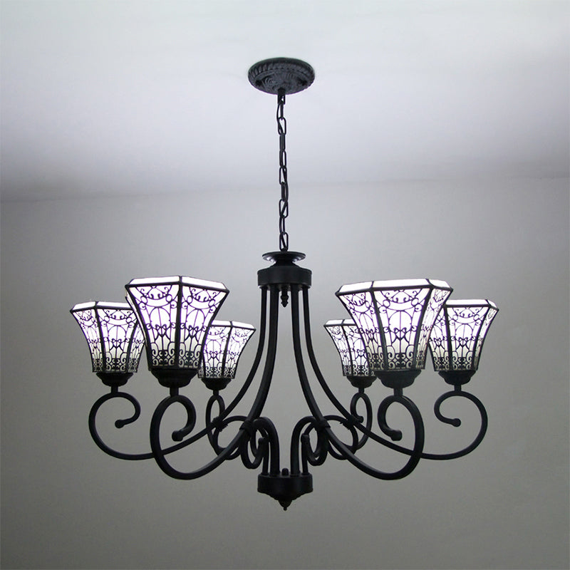 White Glass Bell Pendant Light with Fence Design 6 Lights Chandelier Lamp in Black - Rebooters