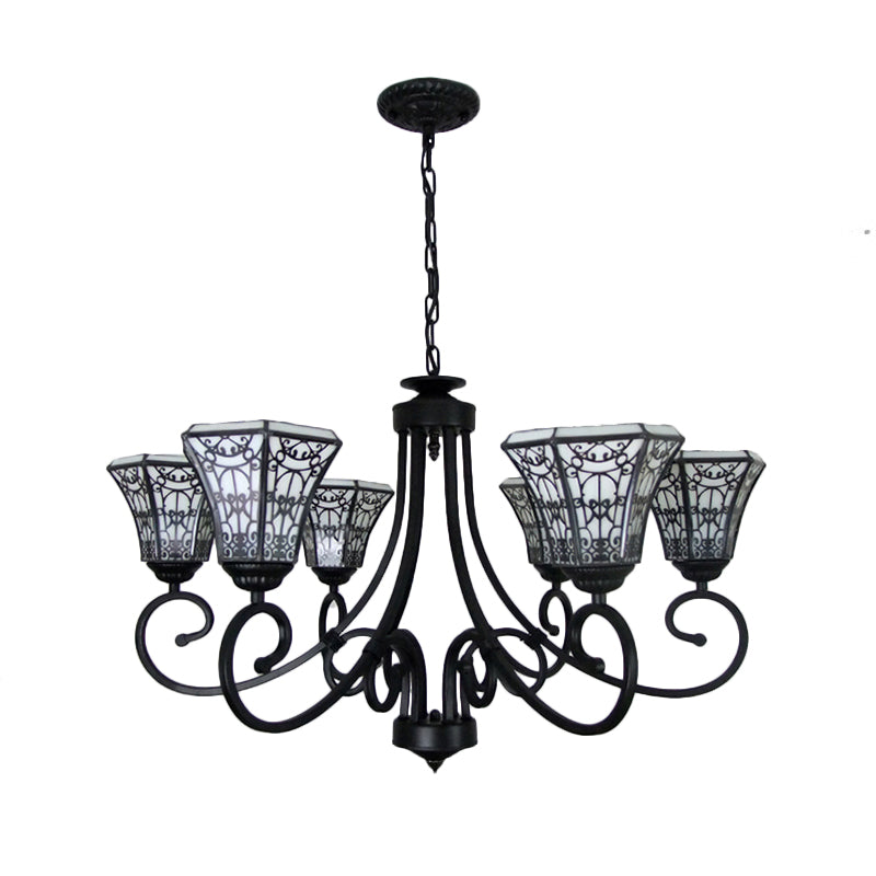 White Glass Bell Pendant Light with Fence Design 6 Lights Chandelier Lamp in Black - Rebooters