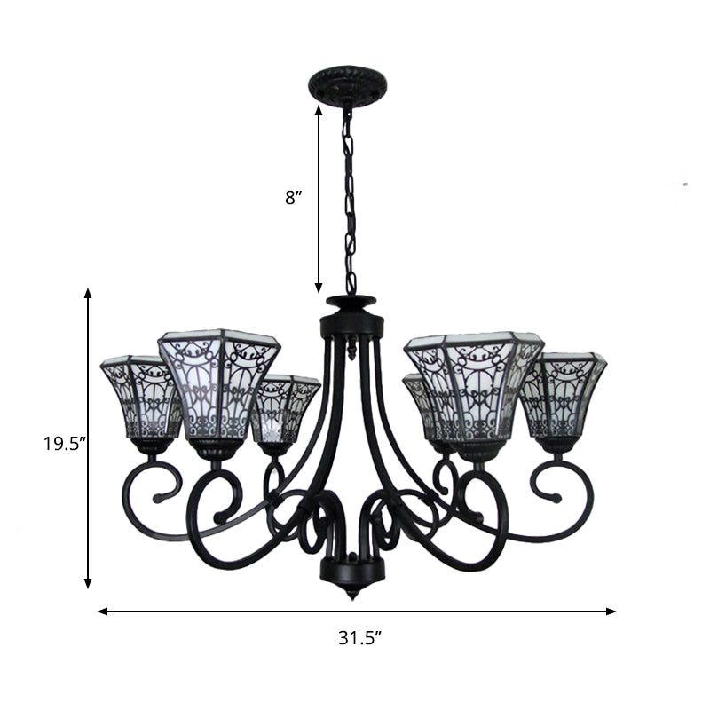 White Glass Bell Pendant Light with Fence Design 6 Lights Chandelier Lamp in Black - Rebooters