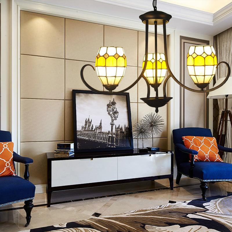 3 Lights Oval Pendant Light Stained Glass Tiffany Chandelier Lighting in Yellow for Bedroom - Rebooters