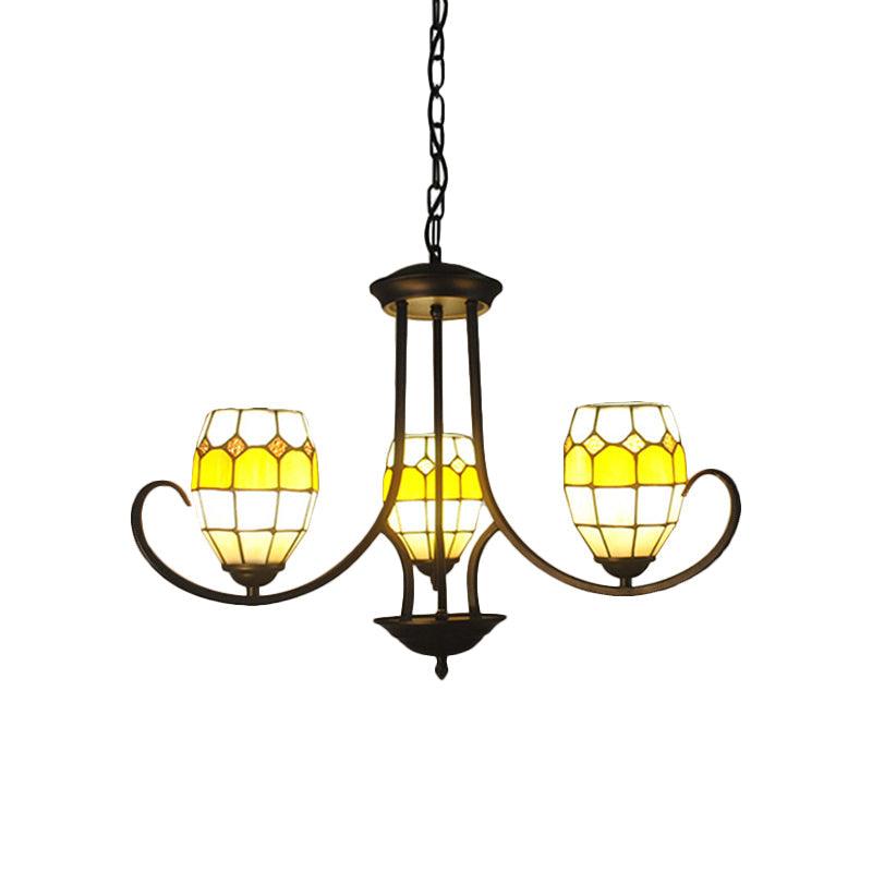 3 Lights Oval Pendant Light Stained Glass Tiffany Chandelier Lighting in Yellow for Bedroom - Rebooters