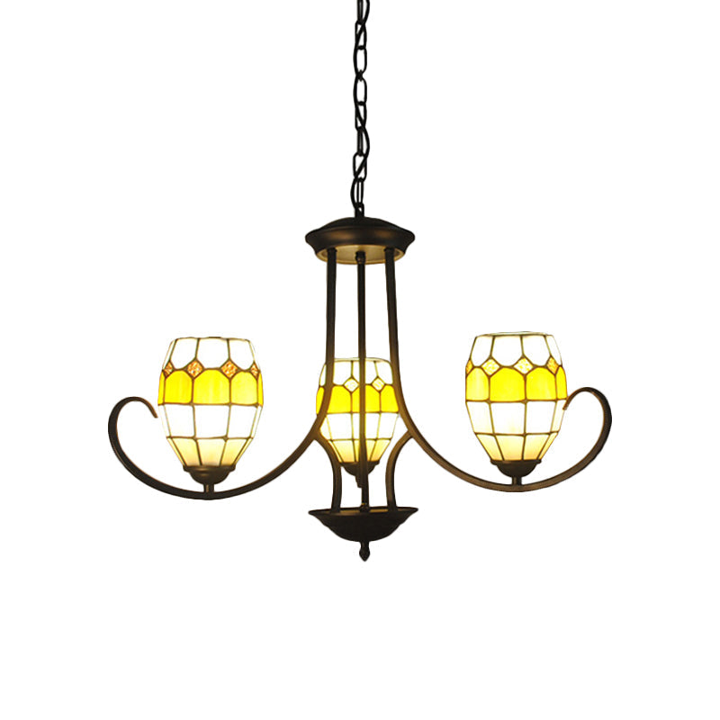 3 Lights Oval Pendant Light Stained Glass Tiffany Chandelier Lighting in Yellow for Bedroom - Rebooters