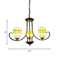 3 Lights Oval Pendant Light Stained Glass Tiffany Chandelier Lighting in Yellow for Bedroom - Rebooters