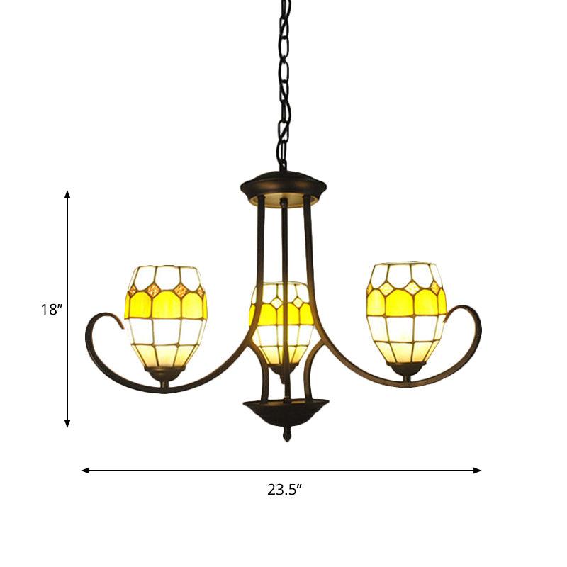 3 Lights Oval Pendant Light Stained Glass Tiffany Chandelier Lighting in Yellow for Bedroom - Rebooters