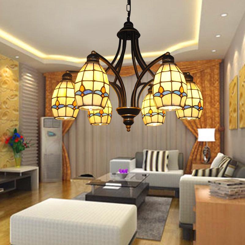 6/8 Lights Oval Ceiling Pendant with Magnolia Stained Glass Tiffany Chandelier Lighting in Beige - Rebooters