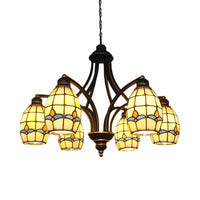 6/8 Lights Oval Ceiling Pendant with Magnolia Stained Glass Tiffany Chandelier Lighting in Beige - Rebooters