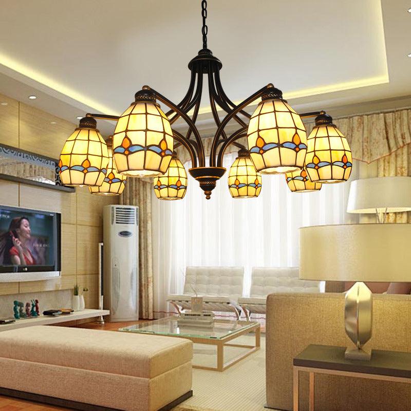 6/8 Lights Oval Ceiling Pendant with Magnolia Stained Glass Tiffany Chandelier Lighting in Beige - Rebooters