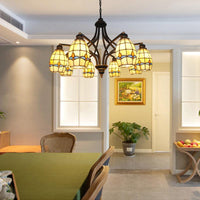 6/8 Lights Oval Ceiling Pendant with Magnolia Stained Glass Tiffany Chandelier Lighting in Beige - Rebooters