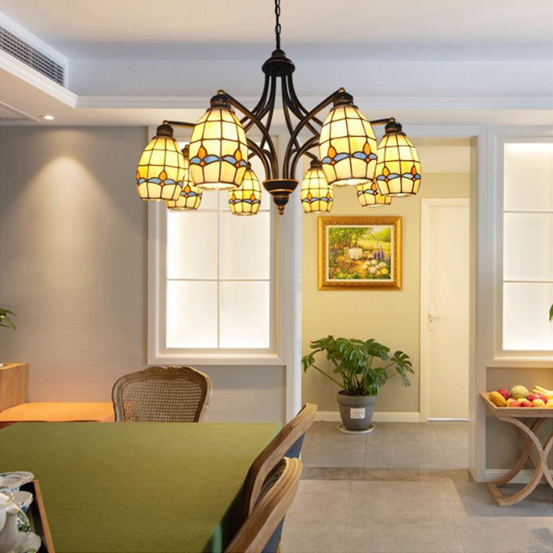 6/8 Lights Oval Ceiling Pendant with Magnolia Stained Glass Tiffany Chandelier Lighting in Beige - Rebooters