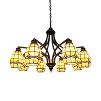 6/8 Lights Oval Ceiling Pendant with Magnolia Stained Glass Tiffany Chandelier Lighting in Beige - Rebooters