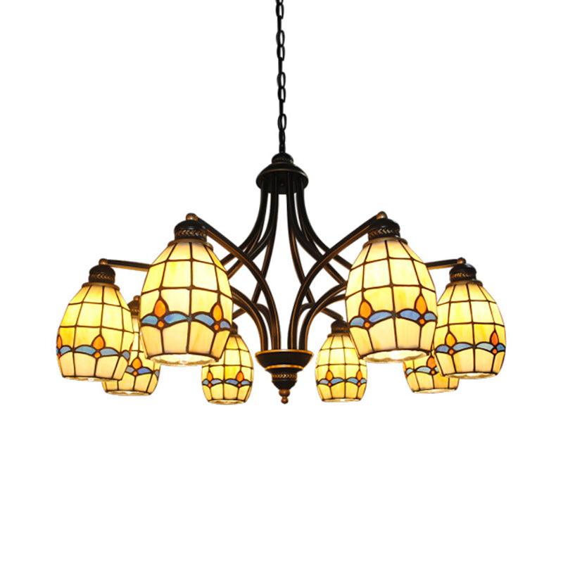 6/8 Lights Oval Ceiling Pendant with Magnolia Stained Glass Tiffany Chandelier Lighting in Beige - Rebooters