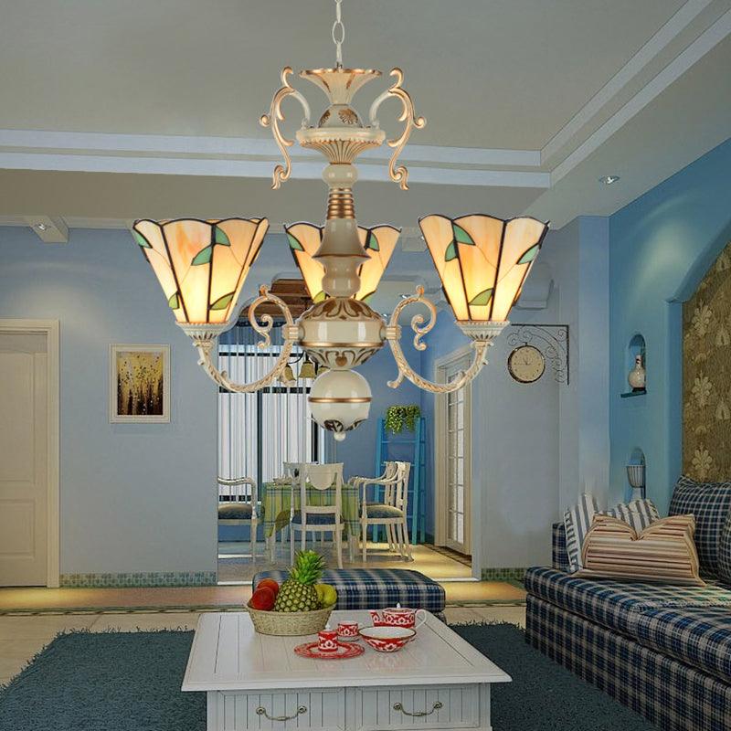 Beige Glass Leaf Pendant Light Traditional 3 Lights Foyer Chandelier - Rebooters