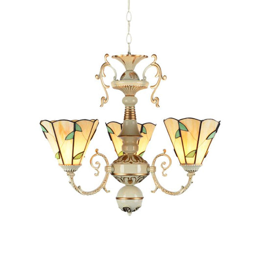 Beige Glass Leaf Pendant Light Traditional 3 Lights Foyer Chandelier - Rebooters