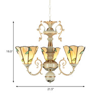 Beige Glass Leaf Pendant Light Traditional 3 Lights Foyer Chandelier - Rebooters