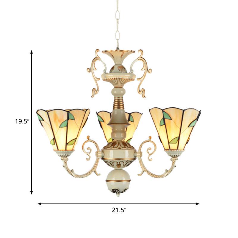 Beige Glass Leaf Pendant Light Traditional 3 Lights Foyer Chandelier - Rebooters