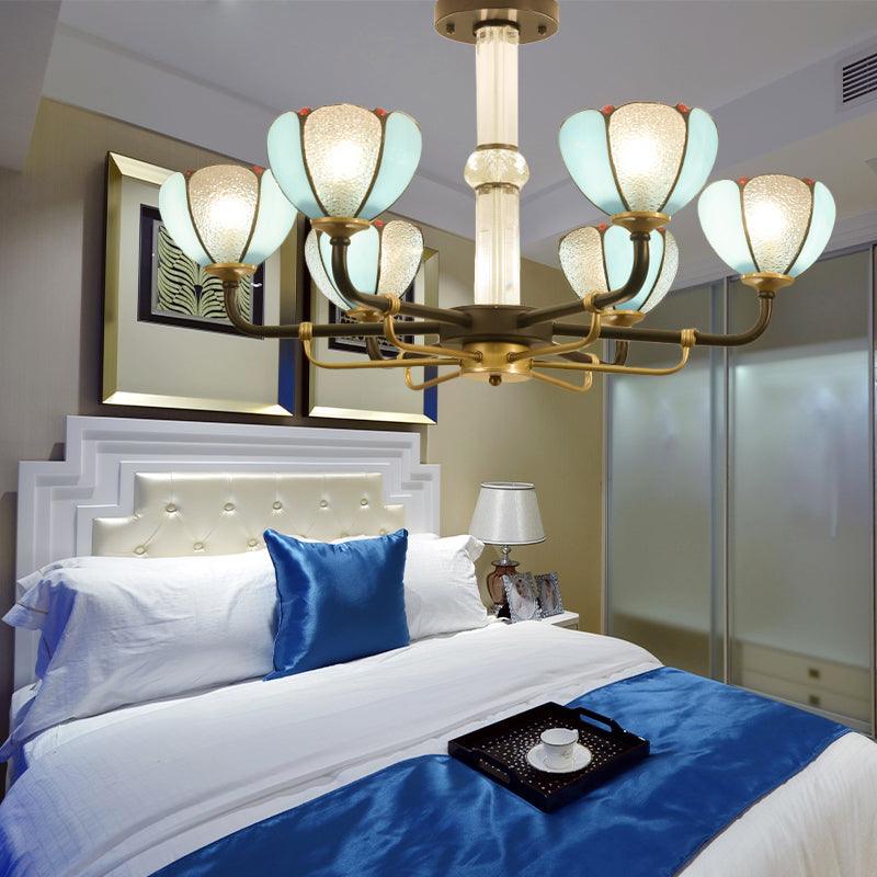 6/8 Lights Floral Chandelier Lighting Traditional Stained Glass Pendant Lighting in Blue for Living Room - Rebooters