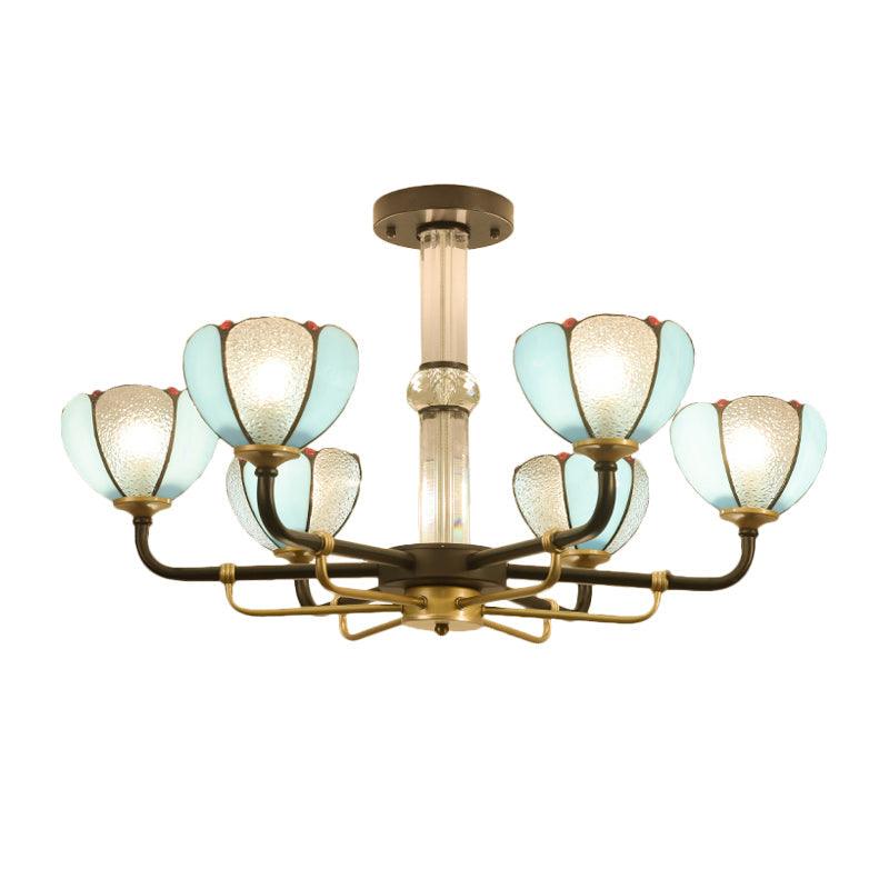 6/8 Lights Floral Chandelier Lighting Traditional Stained Glass Pendant Lighting in Blue for Living Room - Rebooters
