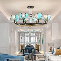 6/8 Lights Floral Chandelier Lighting Traditional Stained Glass Pendant Lighting in Blue for Living Room - Rebooters