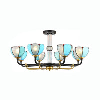 6/8 Lights Floral Chandelier Lighting Traditional Stained Glass Pendant Lighting in Blue for Living Room - Rebooters