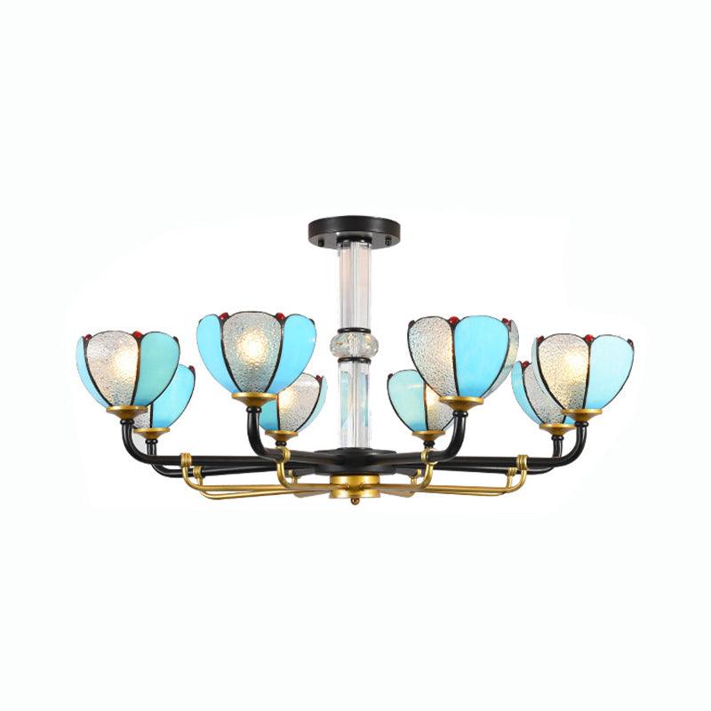 6/8 Lights Floral Chandelier Lighting Traditional Stained Glass Pendant Lighting in Blue for Living Room - Rebooters