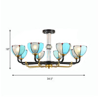 6/8 Lights Floral Chandelier Lighting Traditional Stained Glass Pendant Lighting in Blue for Living Room - Rebooters