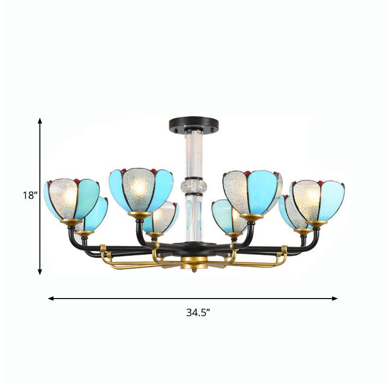 6/8 Lights Floral Chandelier Lighting Traditional Stained Glass Pendant Lighting in Blue for Living Room - Rebooters