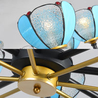 6/8 Lights Floral Chandelier Lighting Traditional Stained Glass Pendant Lighting in Blue for Living Room - Rebooters