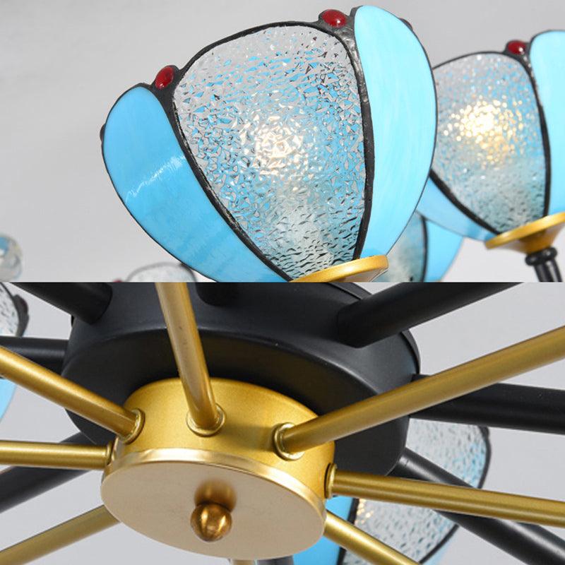 6/8 Lights Floral Chandelier Lighting Traditional Stained Glass Pendant Lighting in Blue for Living Room - Rebooters