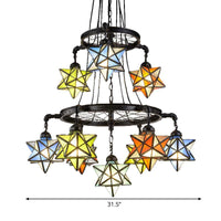 2 Tiers Star Chandelier Lamp Vintage Stained Glass Ceiling Light Fixture in Black Finish - Rebooters