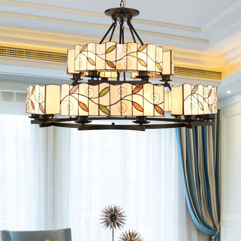 2 Tiers Leaf Suspension Light with Metal Chain Stained Glass Traditional Chandelier Black Finish - Rebooters