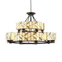2 Tiers Leaf Suspension Light with Metal Chain Stained Glass Traditional Chandelier Black Finish - Rebooters