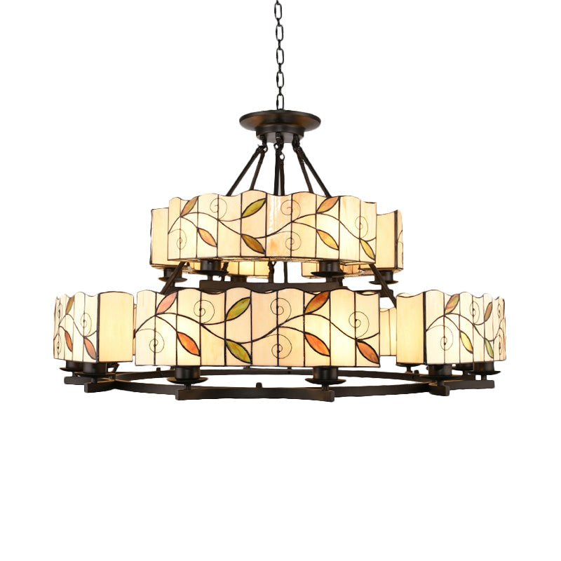 2 Tiers Leaf Suspension Light with Metal Chain Stained Glass Traditional Chandelier Black Finish - Rebooters