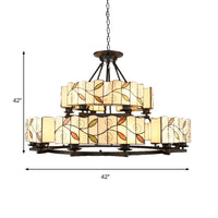 2 Tiers Leaf Suspension Light with Metal Chain Stained Glass Traditional Chandelier Black Finish - Rebooters