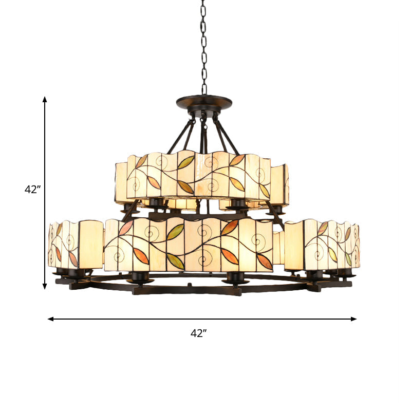 2 Tiers Leaf Suspension Light with Metal Chain Stained Glass Traditional Chandelier Black Finish - Rebooters