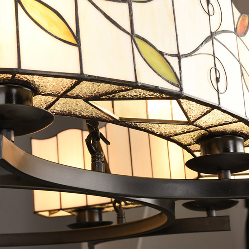 2 Tiers Leaf Suspension Light with Metal Chain Stained Glass Traditional Chandelier Black Finish - Rebooters