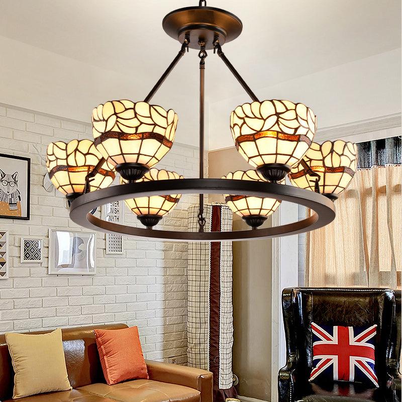 Beige Glass Bowl Chandelier with Adjustable Chain 6 Lights Rustic Ceiling Light - Rebooters