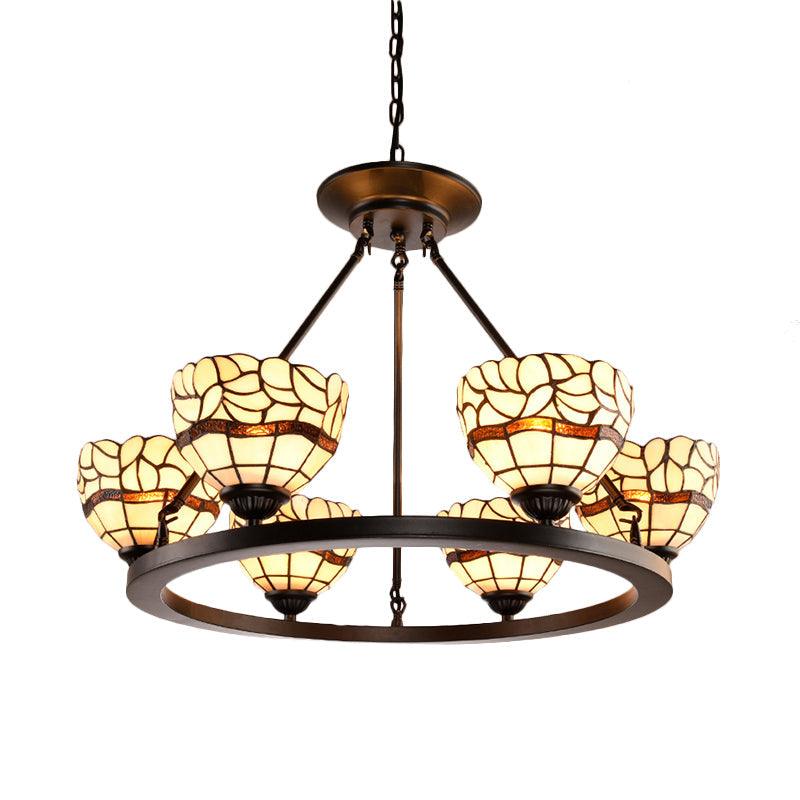 Beige Glass Bowl Chandelier with Adjustable Chain 6 Lights Rustic Ceiling Light - Rebooters