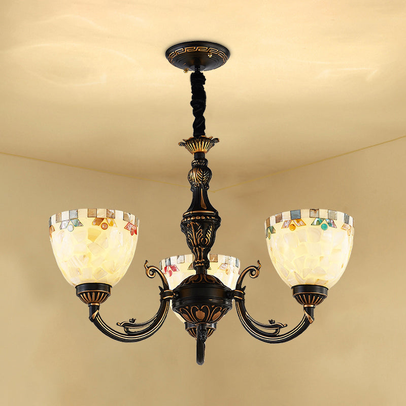 3 Lights Bowl Chandelier Light Beige Glass Traditional Pendant - Rebooters