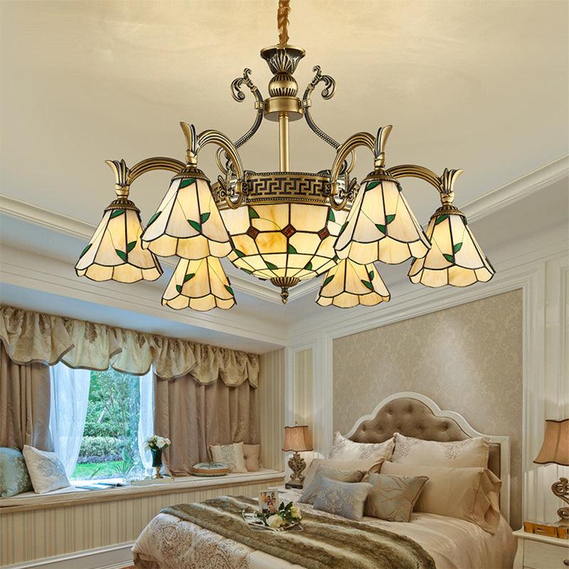 Country Style Dome Pendant Light with Cone Stained Glass Chandelier Lamp in Beige - Rebooters