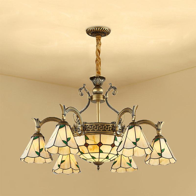 Country Style Dome Pendant Light with Cone Stained Glass Chandelier Lamp in Beige - Rebooters