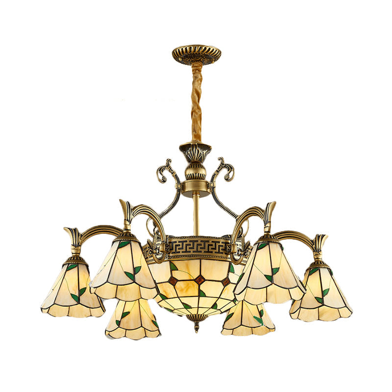Country Style Dome Pendant Light with Cone Stained Glass Chandelier Lamp in Beige - Rebooters