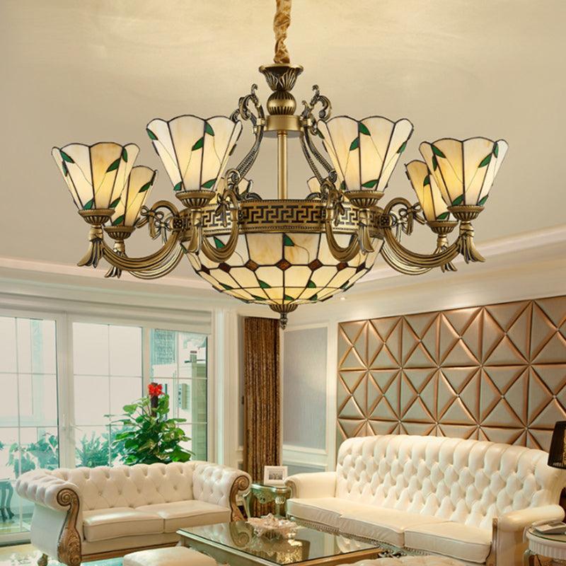 Country Style Dome Pendant Light with Cone Stained Glass Chandelier Lamp in Beige - Rebooters