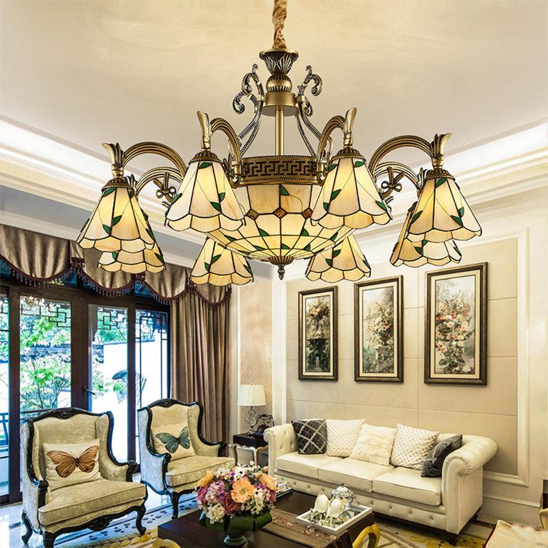 Country Style Dome Pendant Light with Cone Stained Glass Chandelier Lamp in Beige - Rebooters