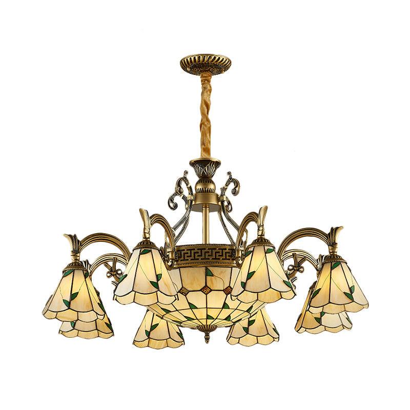 Country Style Dome Pendant Light with Cone Stained Glass Chandelier Lamp in Beige - Rebooters